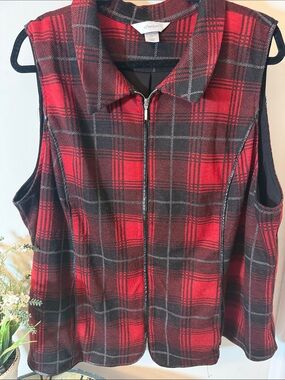 CJ Banks Red and Black Plaid Zip Vest